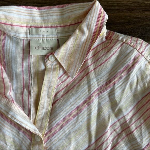 CHICOS No Iron 100% Linen Button Shirt Size 2 (US 12) Pink Striped Back Button - Picture 2 of 10